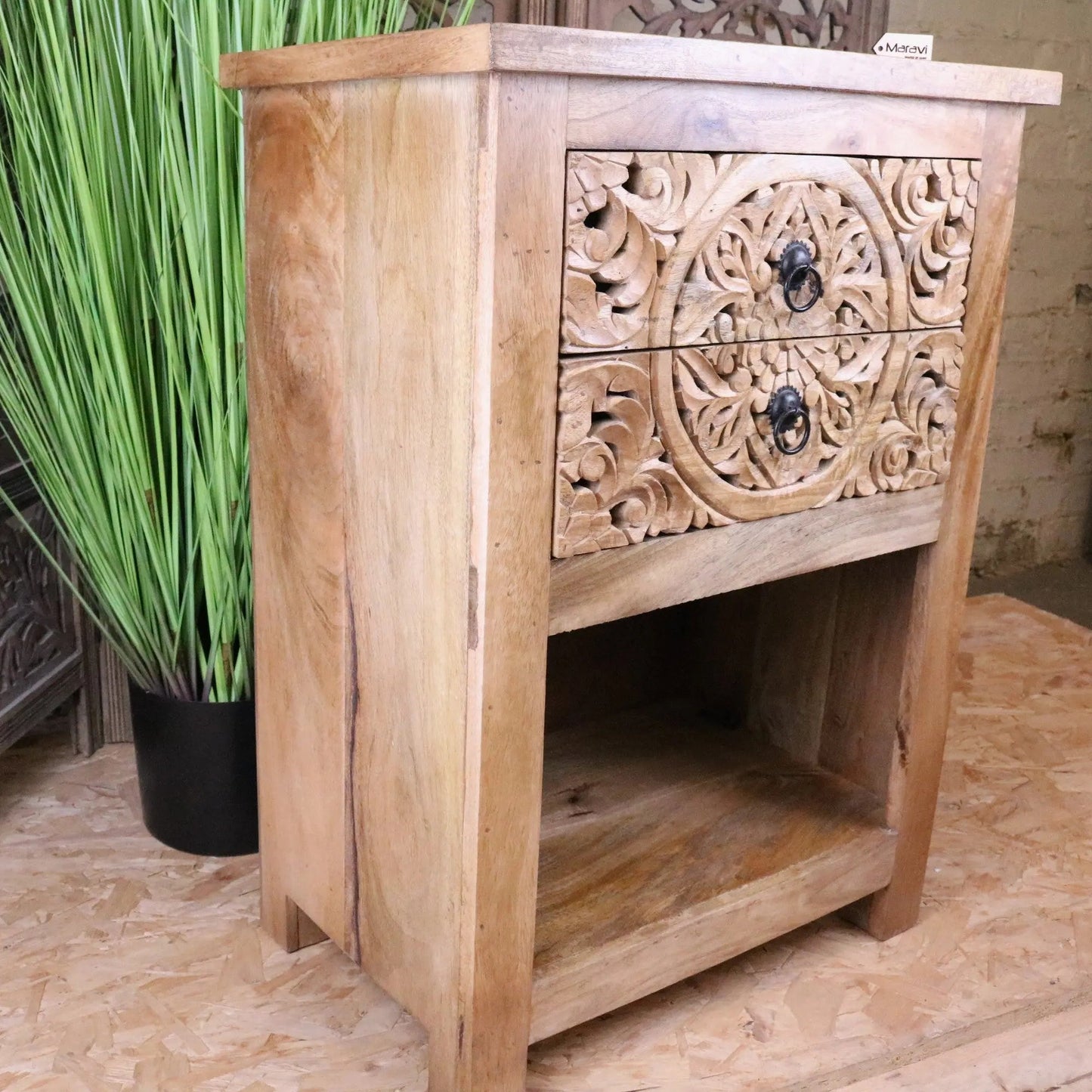 Vansura Carved Bedside Table 2 Drawer