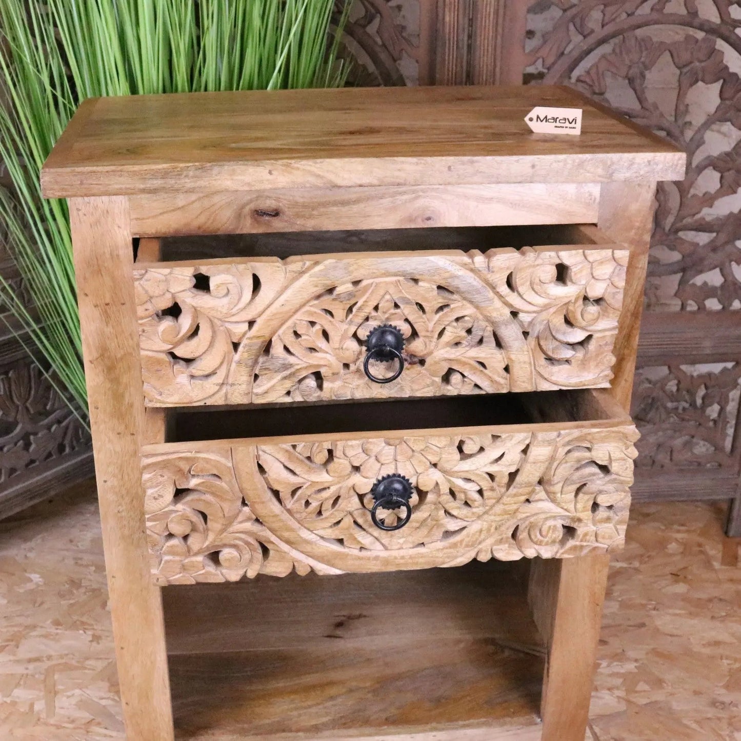 Vansura Carved Bedside Table 2 Drawer