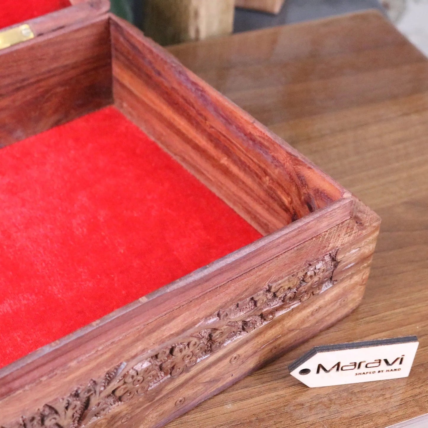 Vansuri Large Hand Carved Wooden Box Velvet Lined