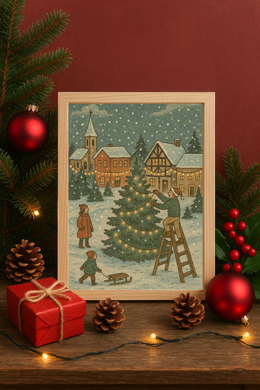 Vintage Christmas Tree Decorating Wall Art – Festive Family Winter Scene Print