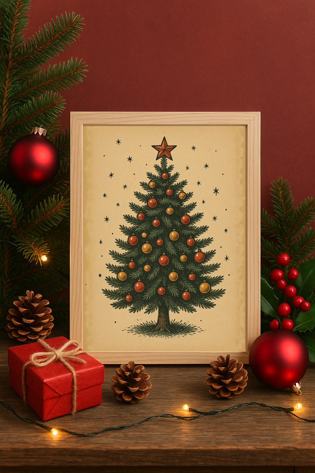 Vintage Christmas Tree Wall Art Festive Holiday Evergreen with Ornaments Print