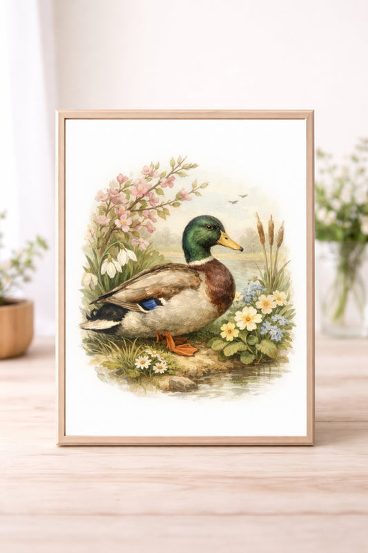 Vintage Mallard Duck Wall Art – Spring Wildlife Watercolour Illustration Nature Cottage Decor Print