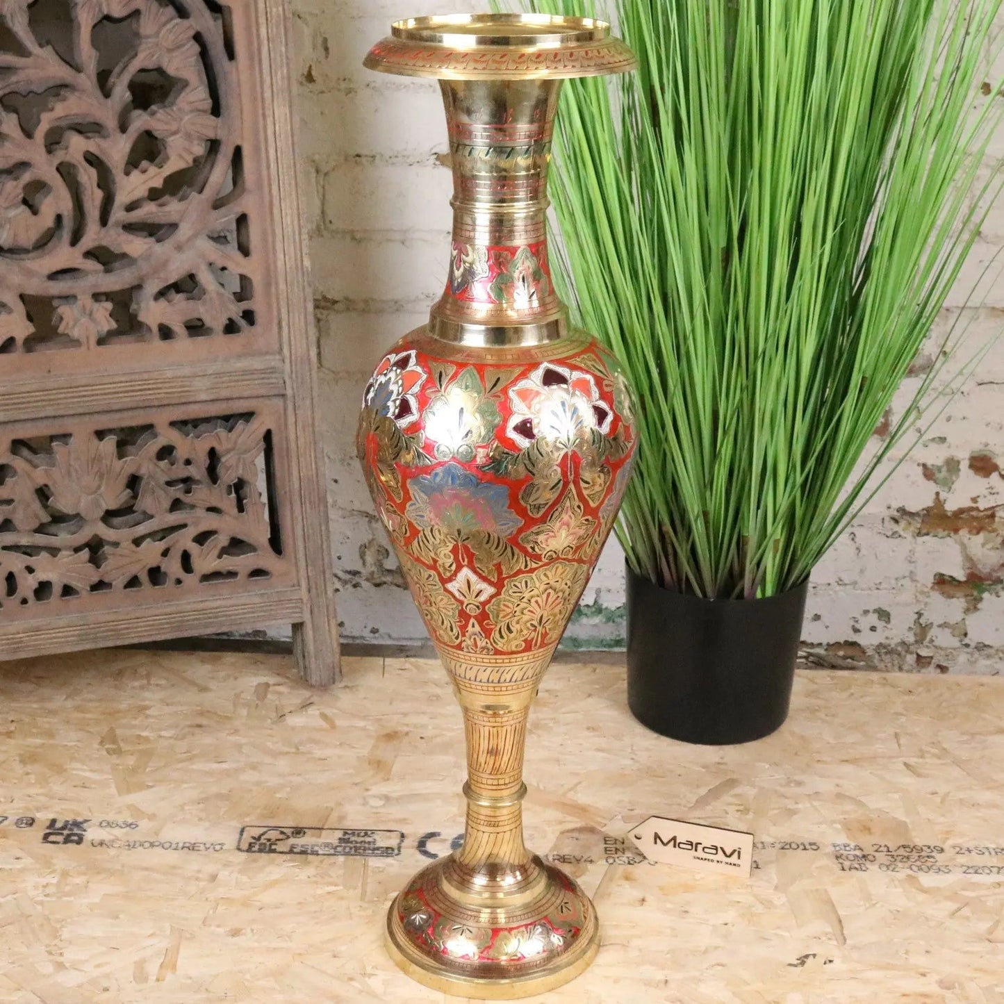 Vintage 77cm Large Brass Vase Hand Painted and Etched - Red