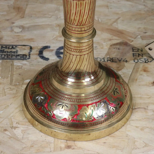 Vintage 77cm Large Brass Vase Hand Painted and Etched - Red