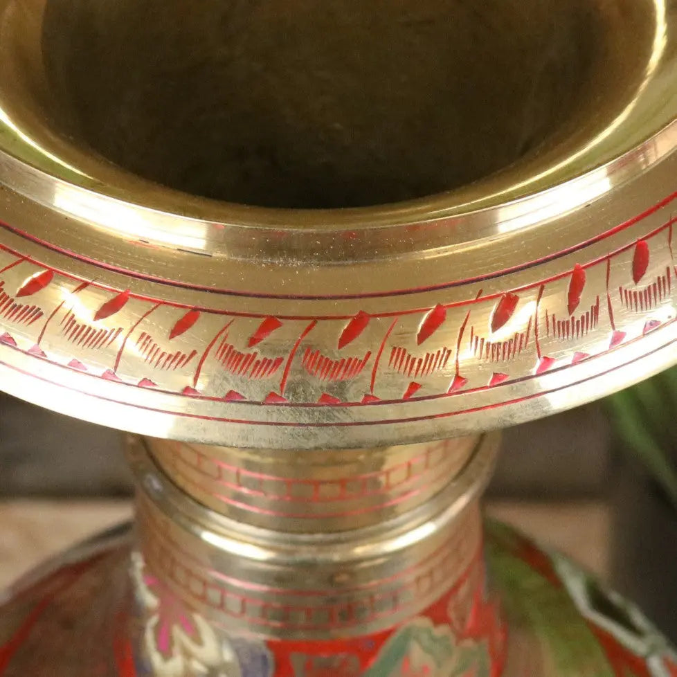 Vintage 77cm Large Brass Vase Hand Painted and Etched - Red