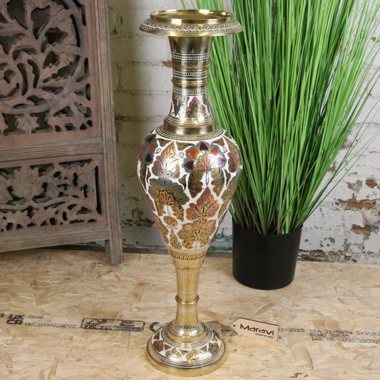 Vintage 77cm Large Brass Vase Hand Painted and Etched - White