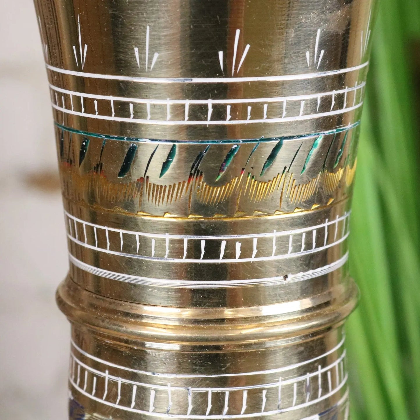 Vintage 77cm Large Brass Vase Hand Painted and Etched - White