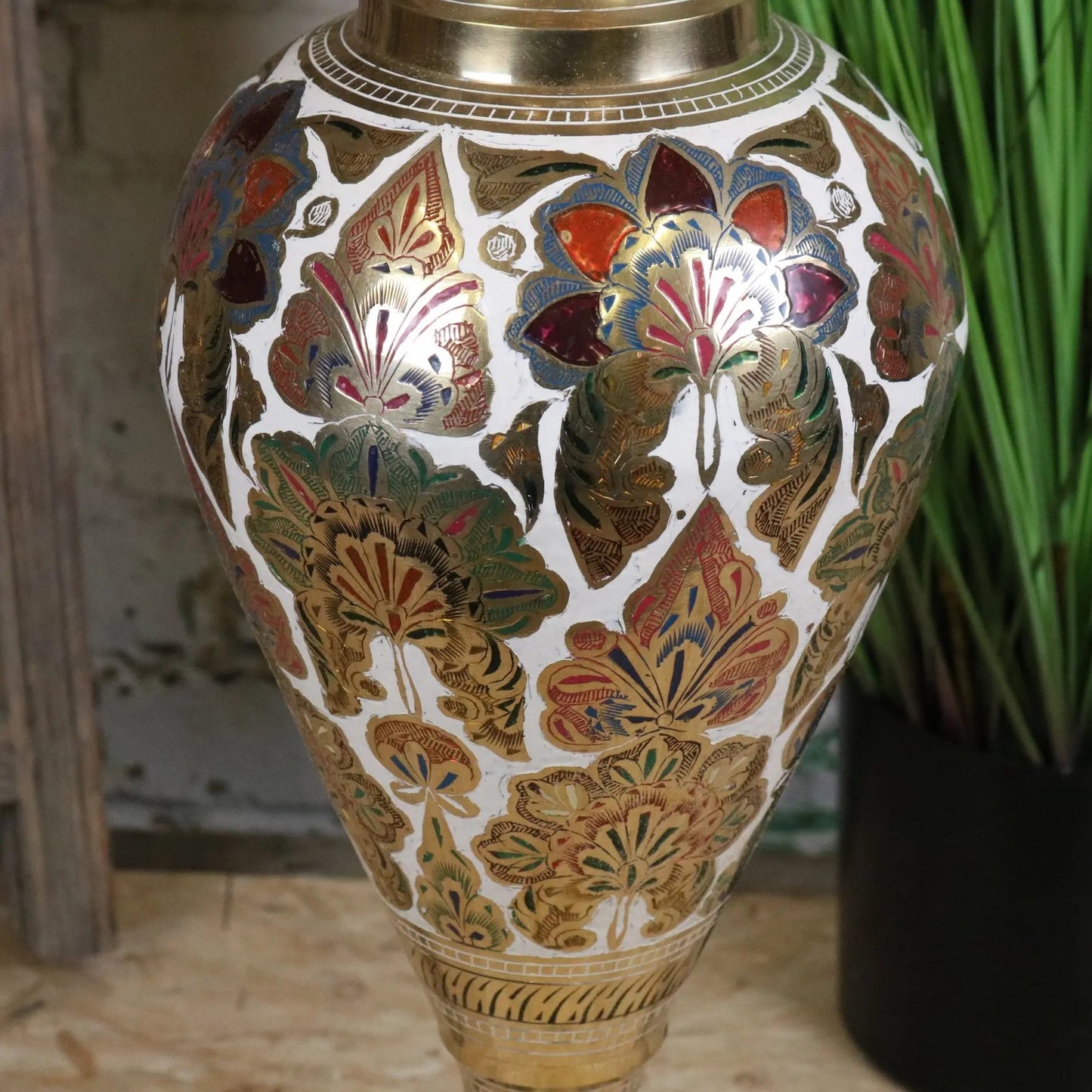 Vintage 77cm Large Brass Vase Hand Painted and Etched - White