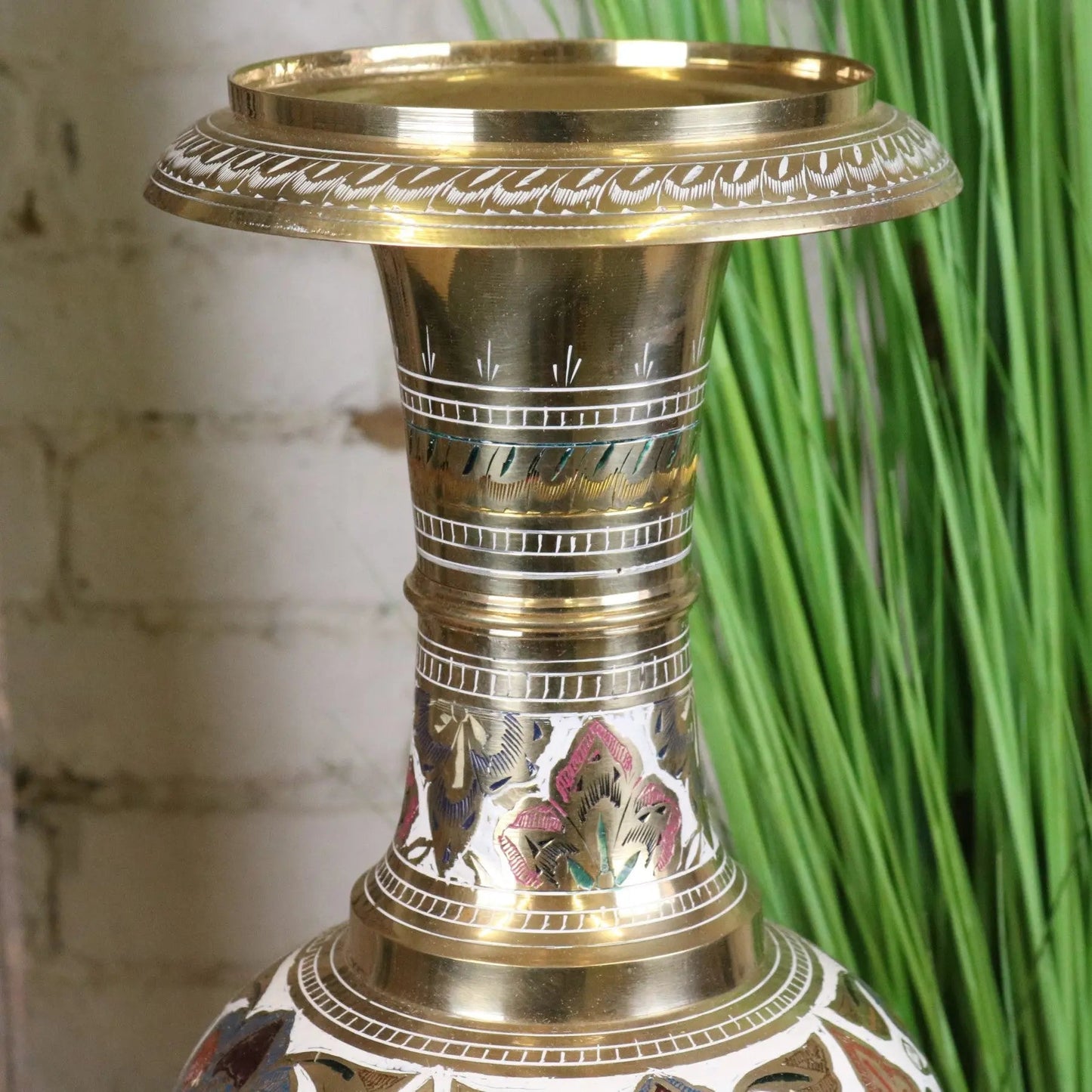 Vintage 77cm Large Brass Vase Hand Painted and Etched - White