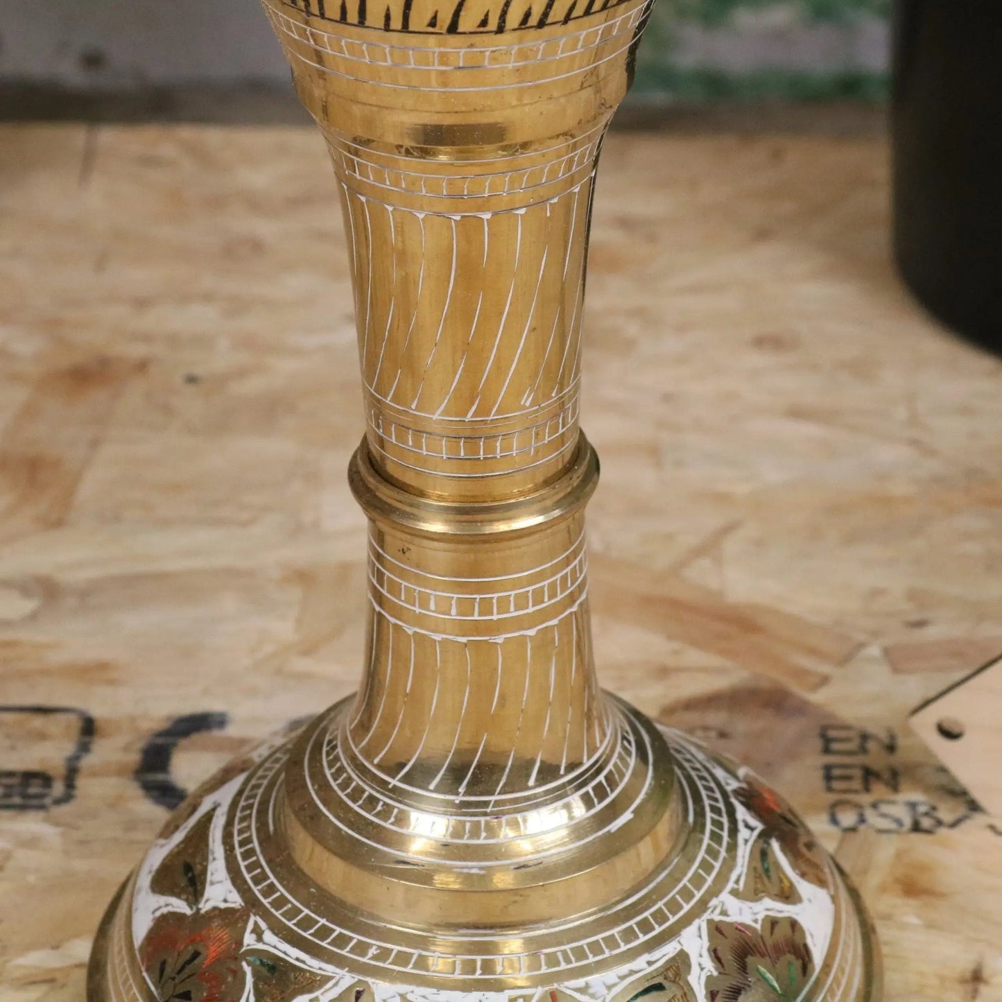 Vintage 77cm Large Brass Vase Hand Painted and Etched - White