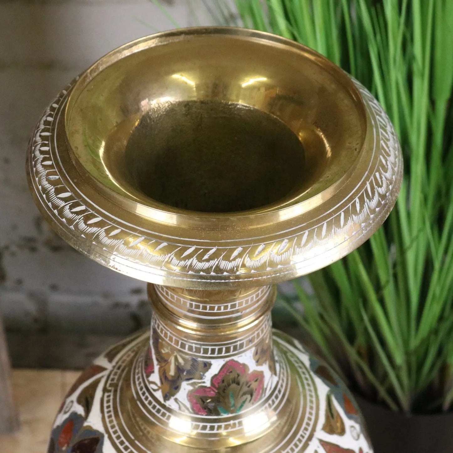 Vintage 77cm Large Brass Vase Hand Painted and Etched - White