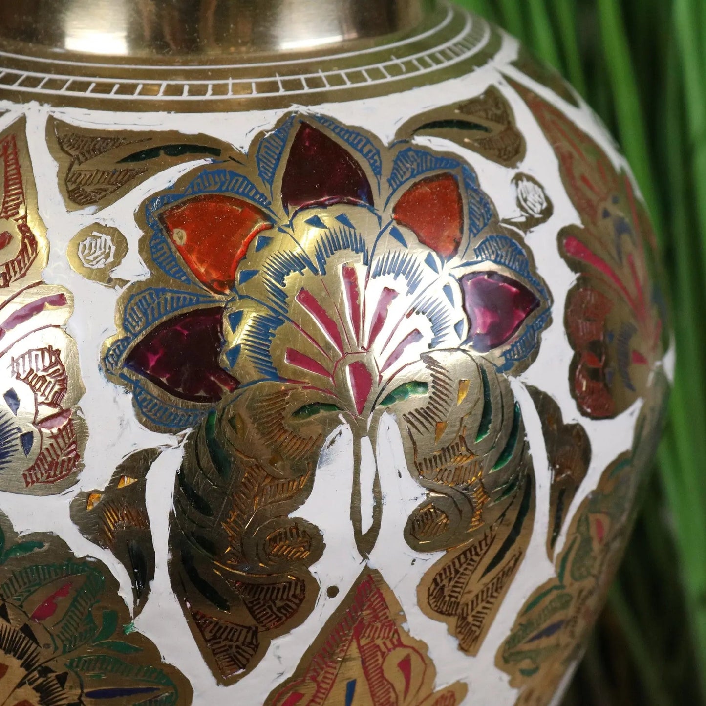 Vintage 77cm Large Brass Vase Hand Painted and Etched - White