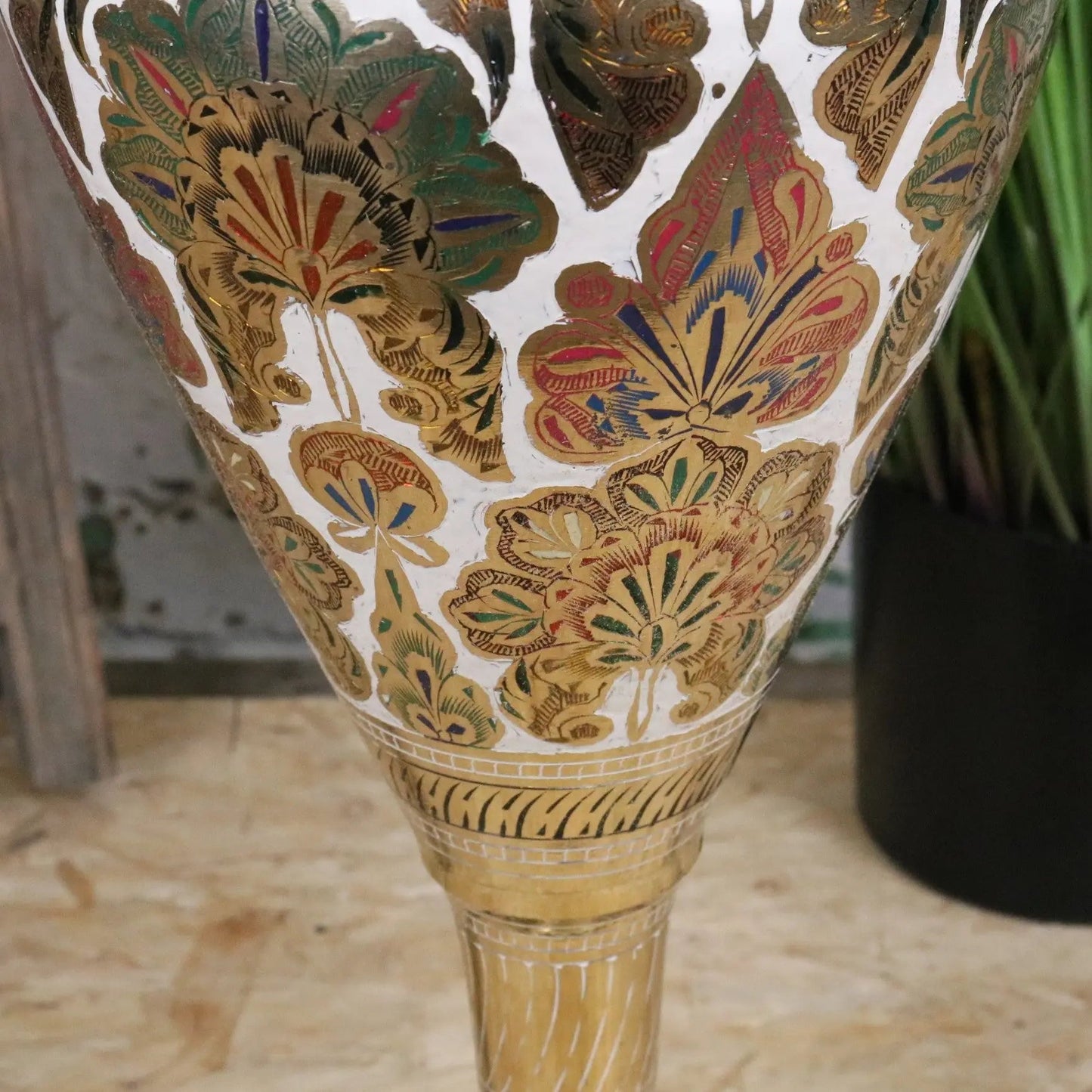 Vintage 77cm Large Brass Vase Hand Painted and Etched - White