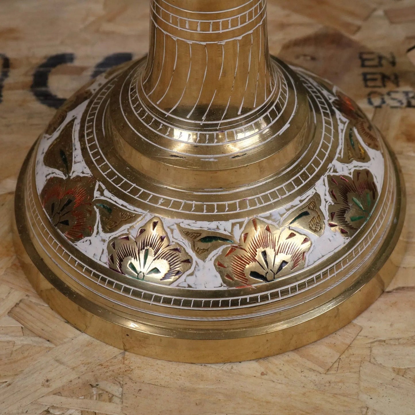 Vintage 77cm Large Brass Vase Hand Painted and Etched - White