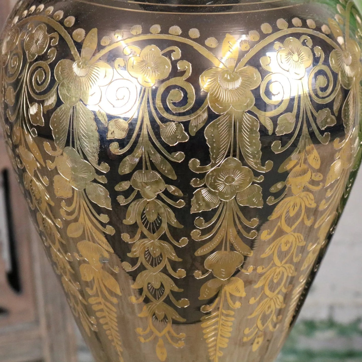 Vintage 90cm Large Brass Vase Hand Etched - Silver and Gold Polished