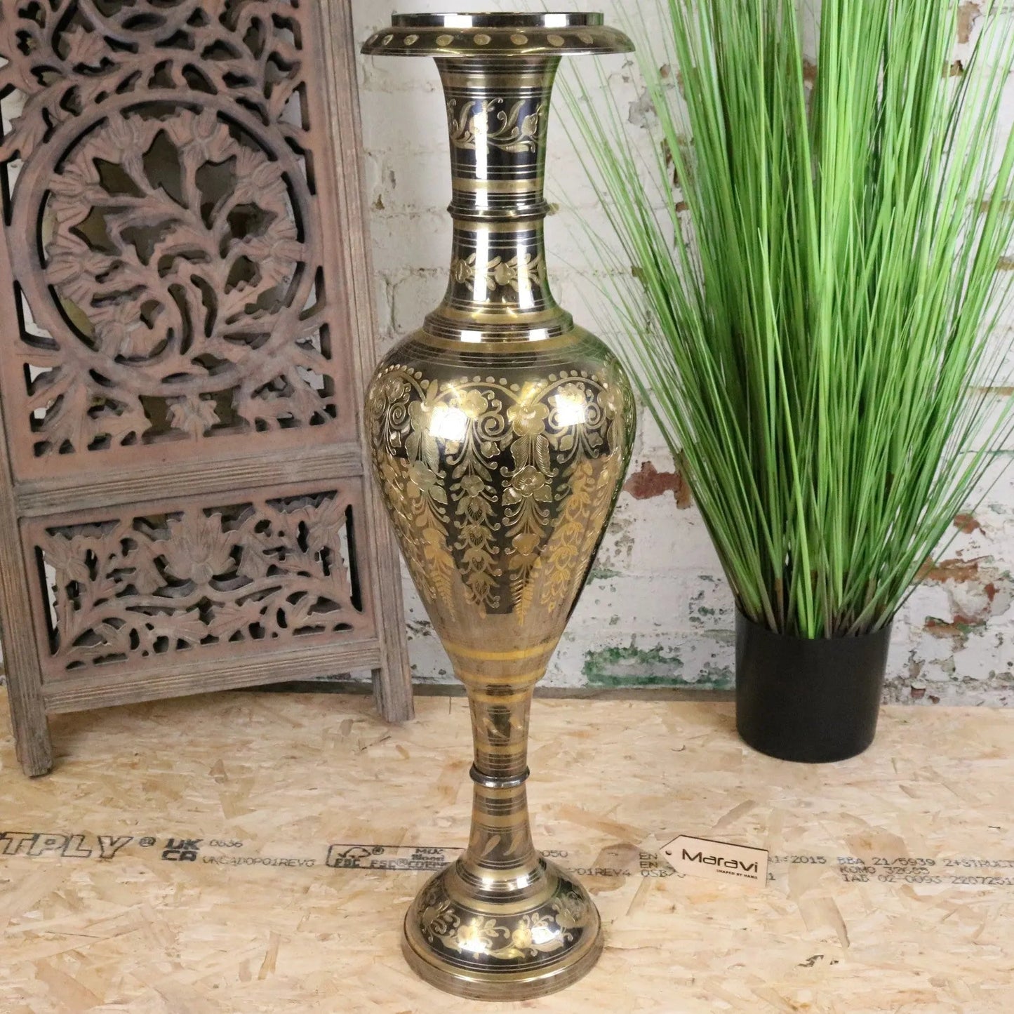 Vintage 90cm Large Brass Vase Hand Etched - Silver and Gold Polished