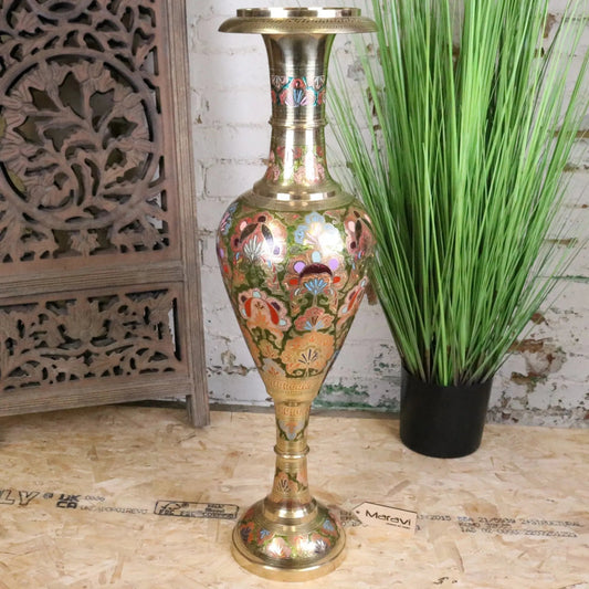 Vintage 92cm Large Brass Vase Hand Painted and Etched - Pink and Green