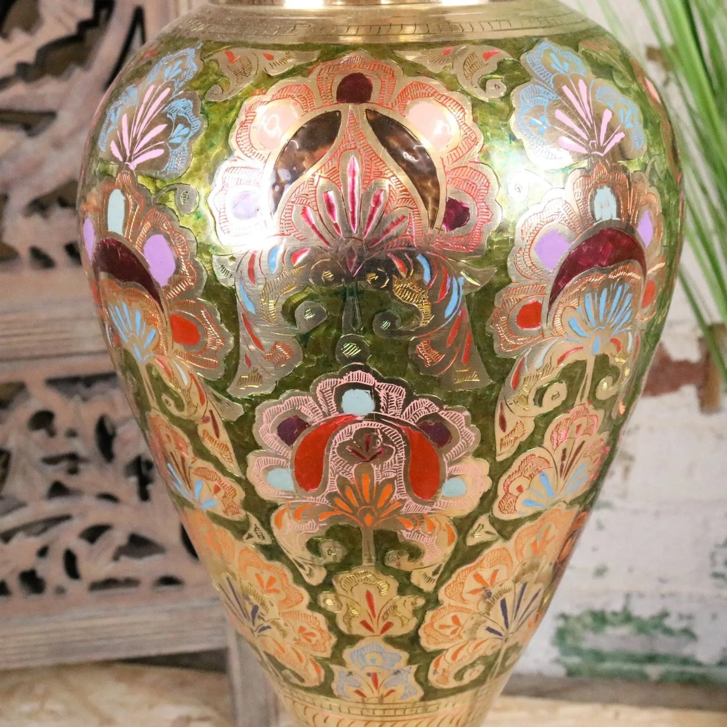 Vintage 92cm Large Brass Vase Hand Painted and Etched - Pink and Green