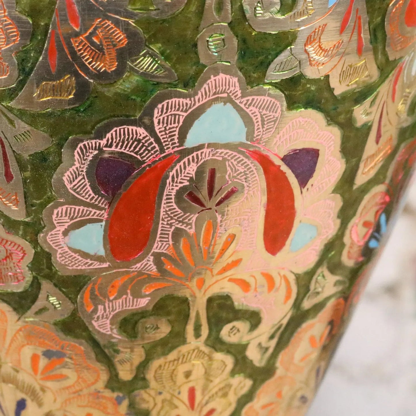 Vintage 92cm Large Brass Vase Hand Painted and Etched - Pink and Green