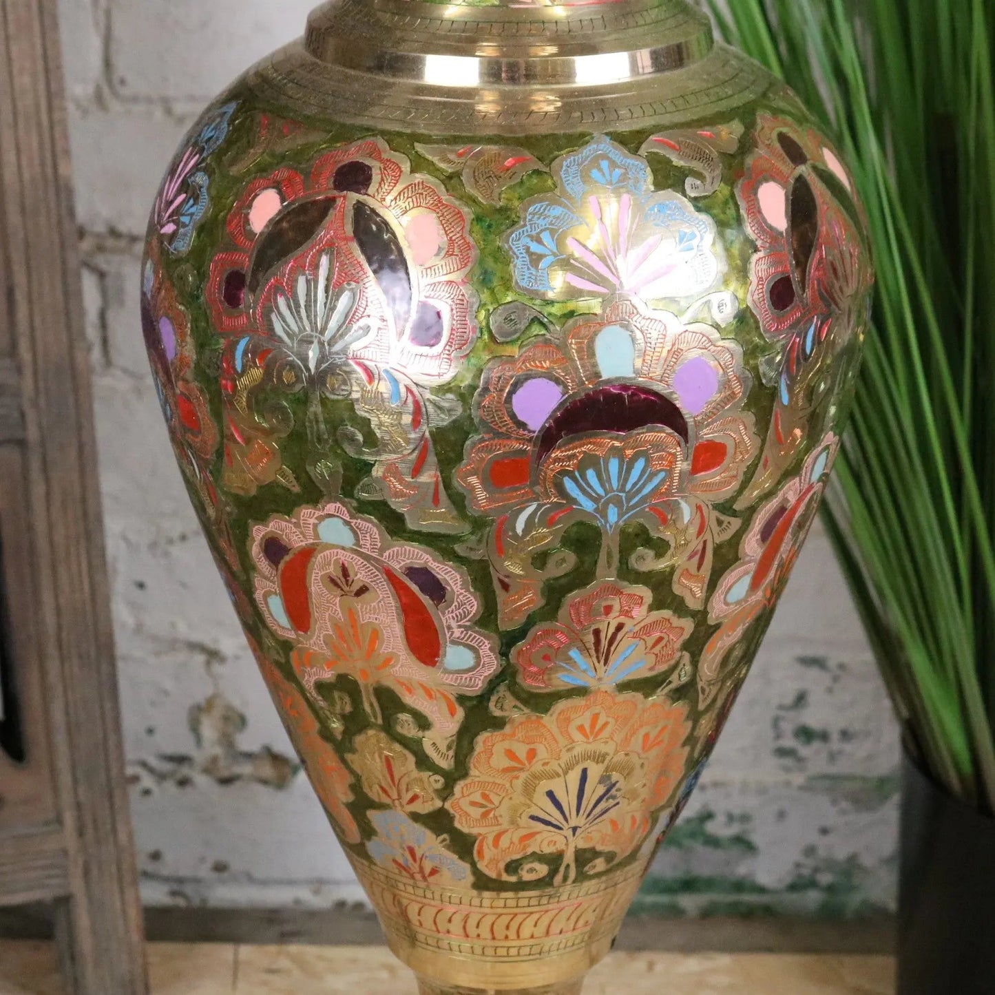 Vintage 92cm Large Brass Vase Hand Painted and Etched - Pink and Green
