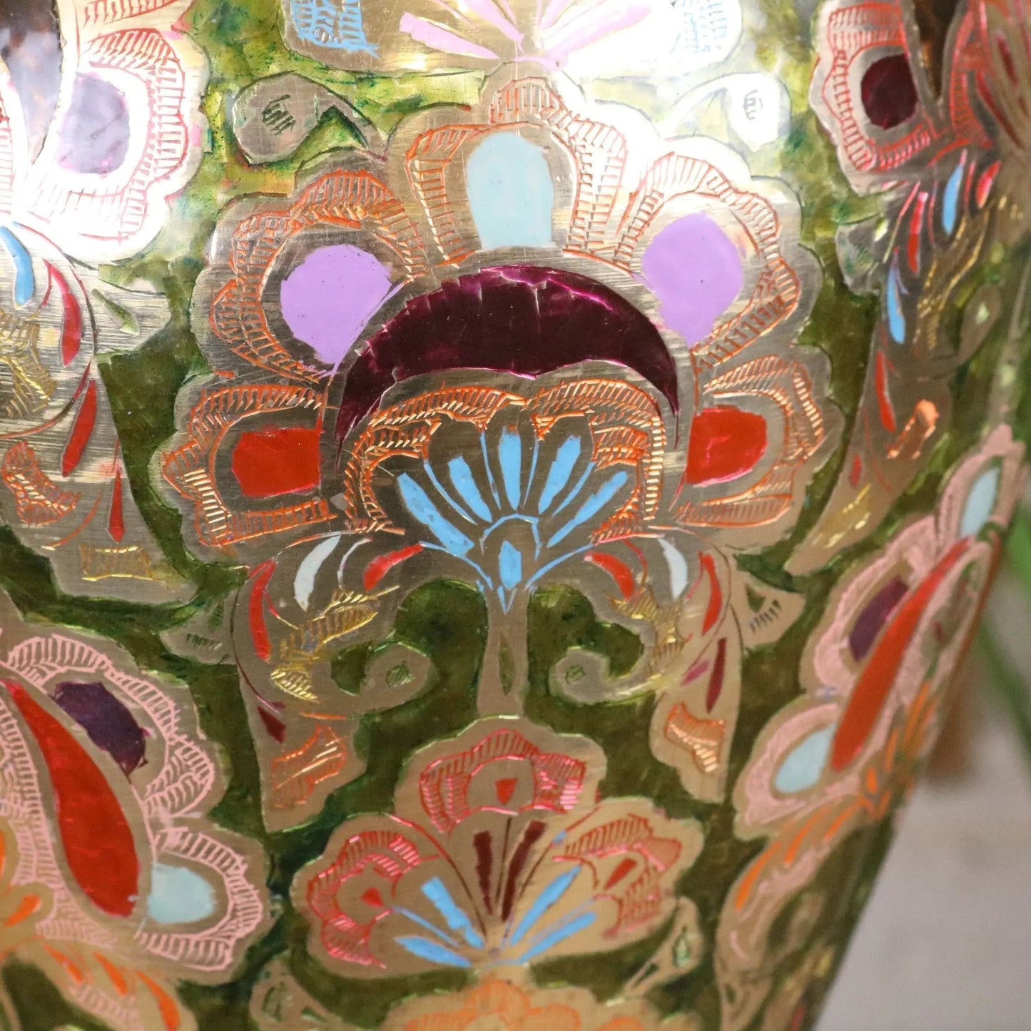 Vintage 92cm Large Brass Vase Hand Painted and Etched - Pink and Green