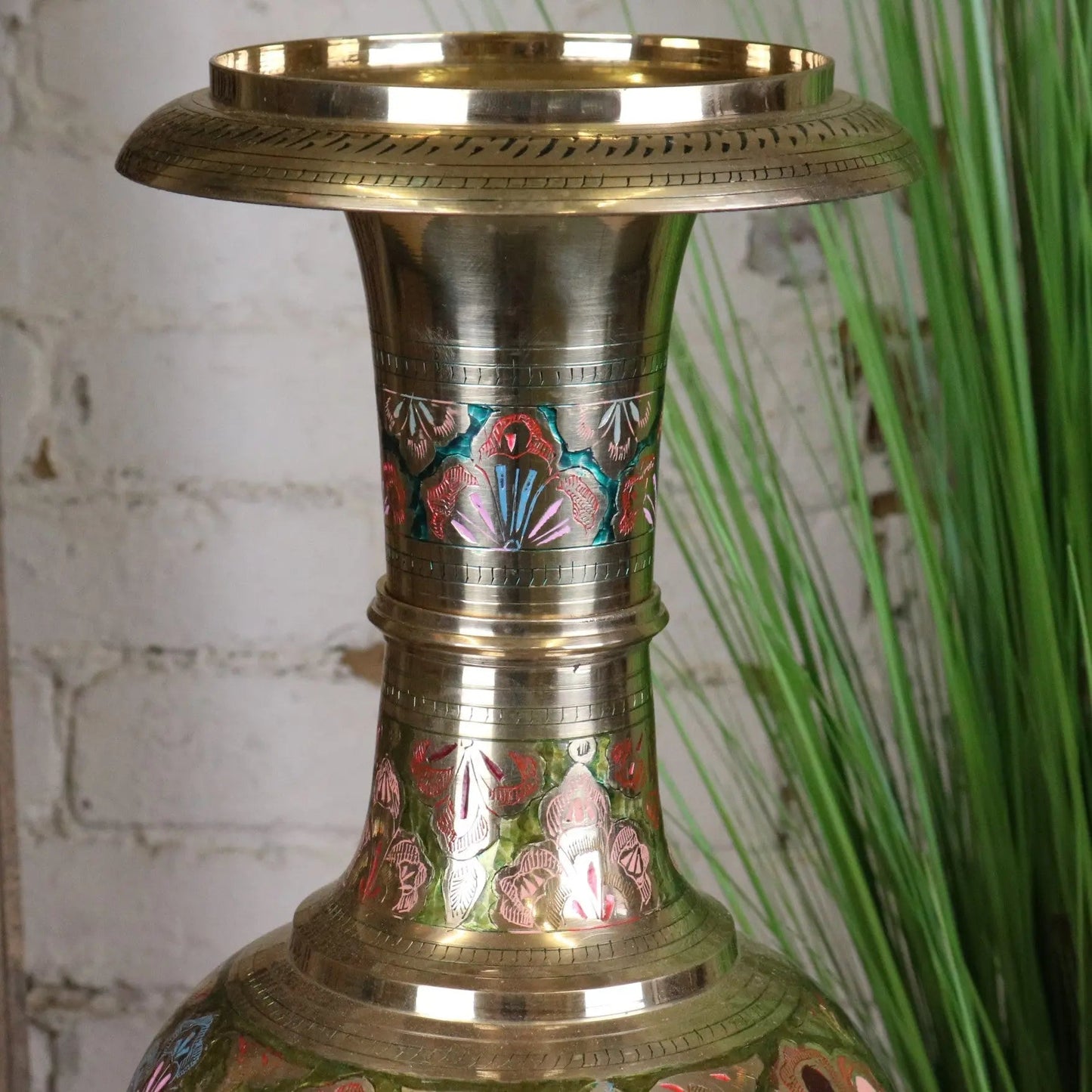 Vintage 92cm Large Brass Vase Hand Painted and Etched - Pink and Green