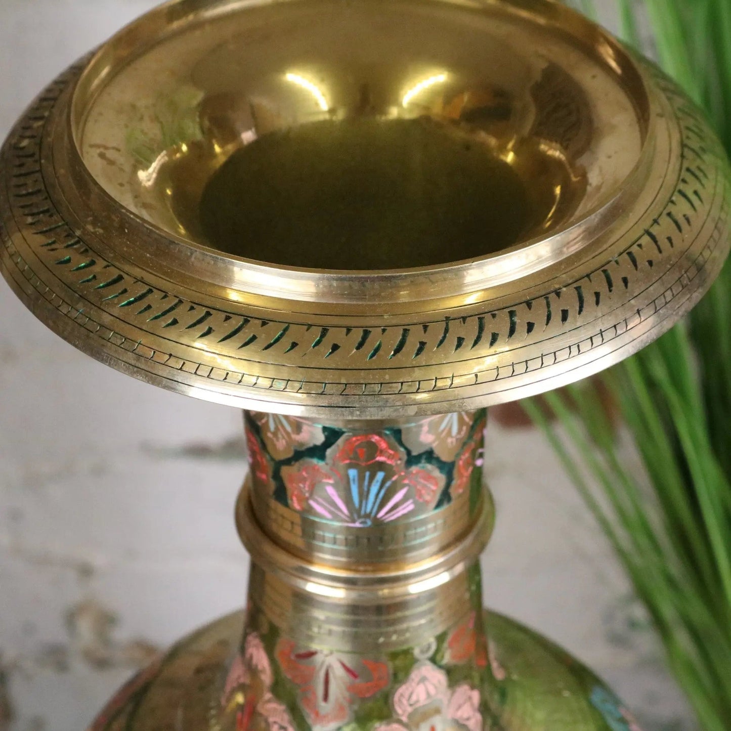 Vintage 92cm Large Brass Vase Hand Painted and Etched - Pink and Green