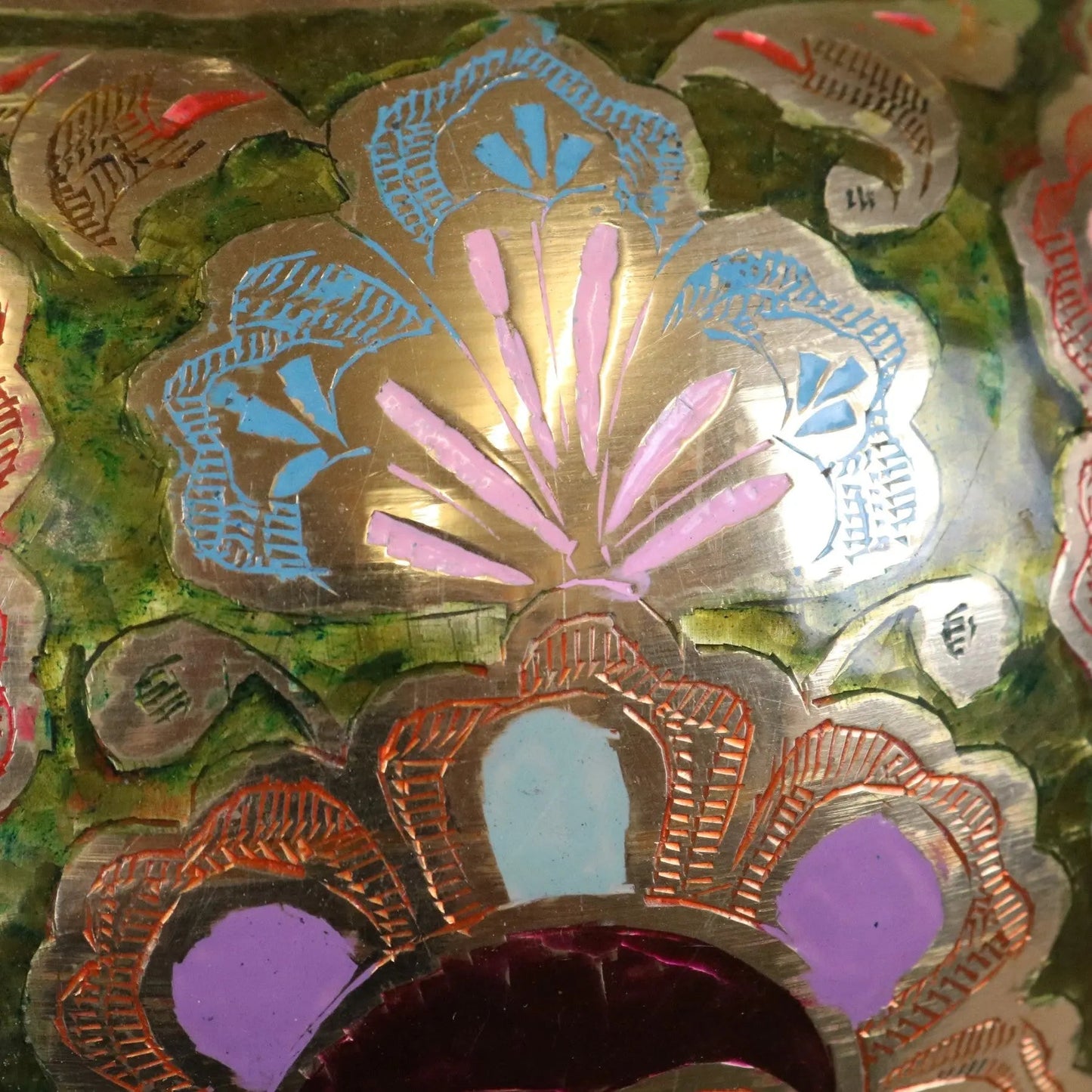 Vintage 92cm Large Brass Vase Hand Painted and Etched - Pink and Green