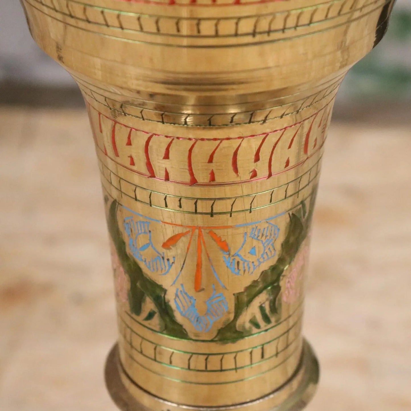 Vintage 92cm Large Brass Vase Hand Painted and Etched - Pink and Green