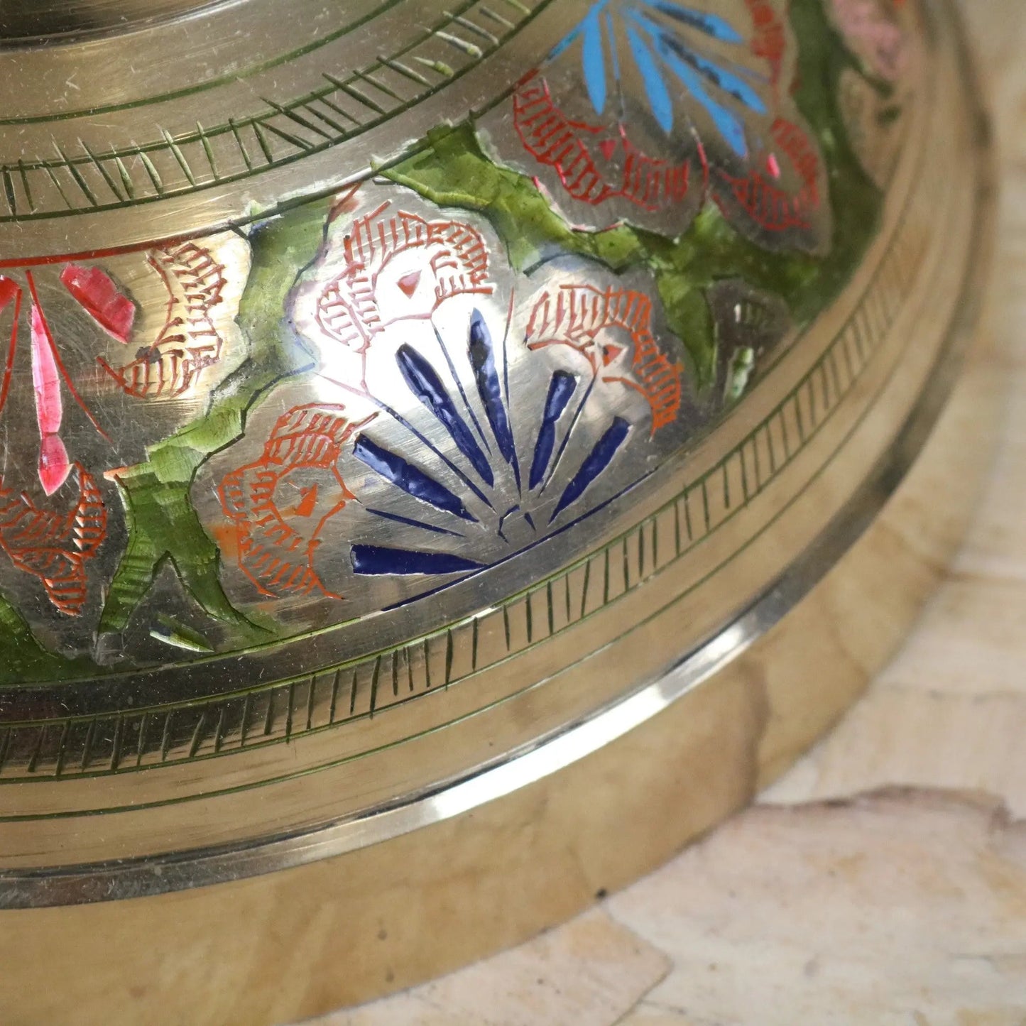 Vintage 92cm Large Brass Vase Hand Painted and Etched - Pink and Green