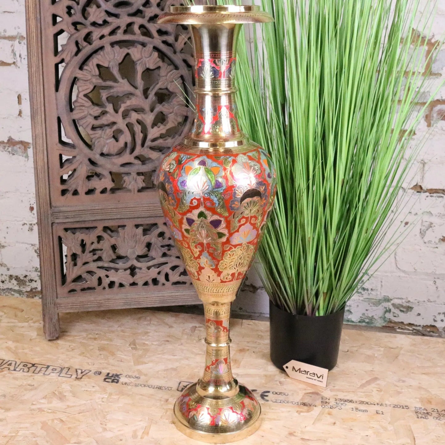 Vintage Brass Vase 92cm Large Hand Painted and Etched