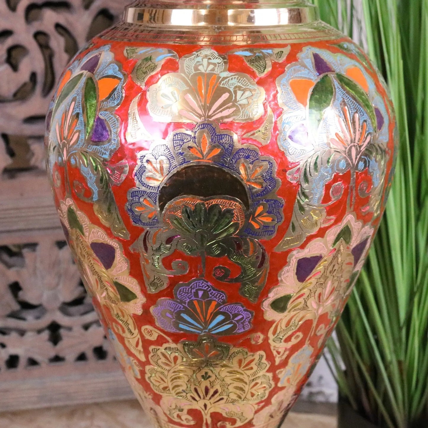 Vintage Brass Vase 92cm Large Hand Painted and Etched