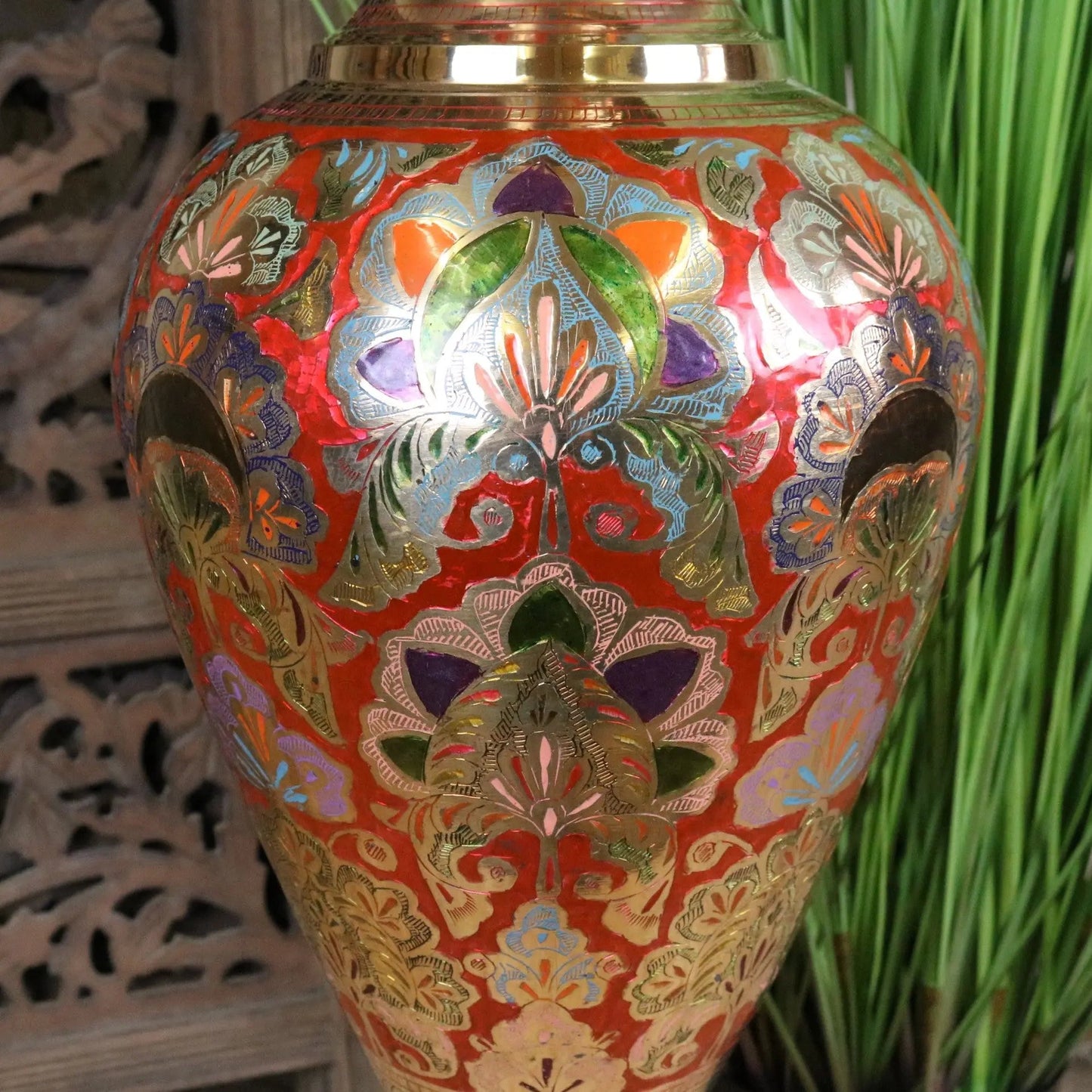 Vintage Brass Vase 92cm Large Hand Painted and Etched