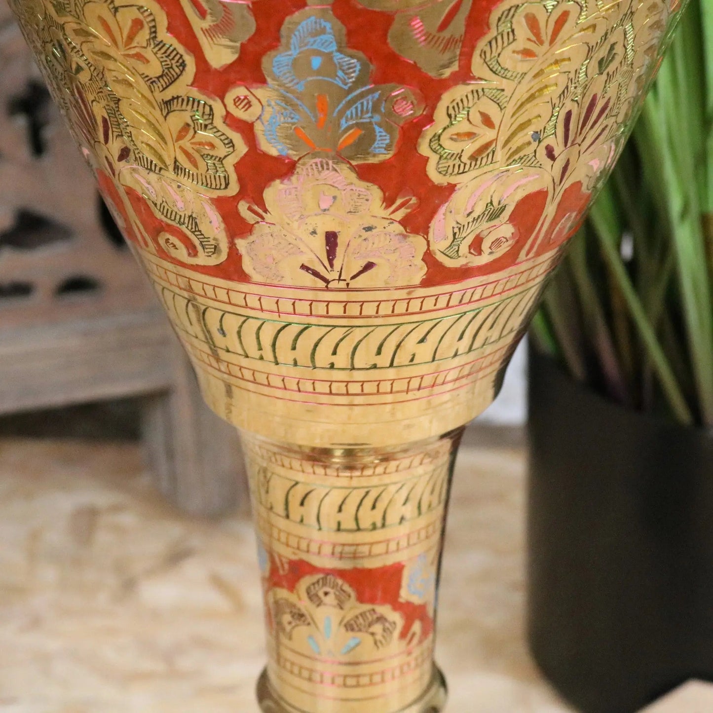 Vintage Brass Vase 92cm Large Hand Painted and Etched