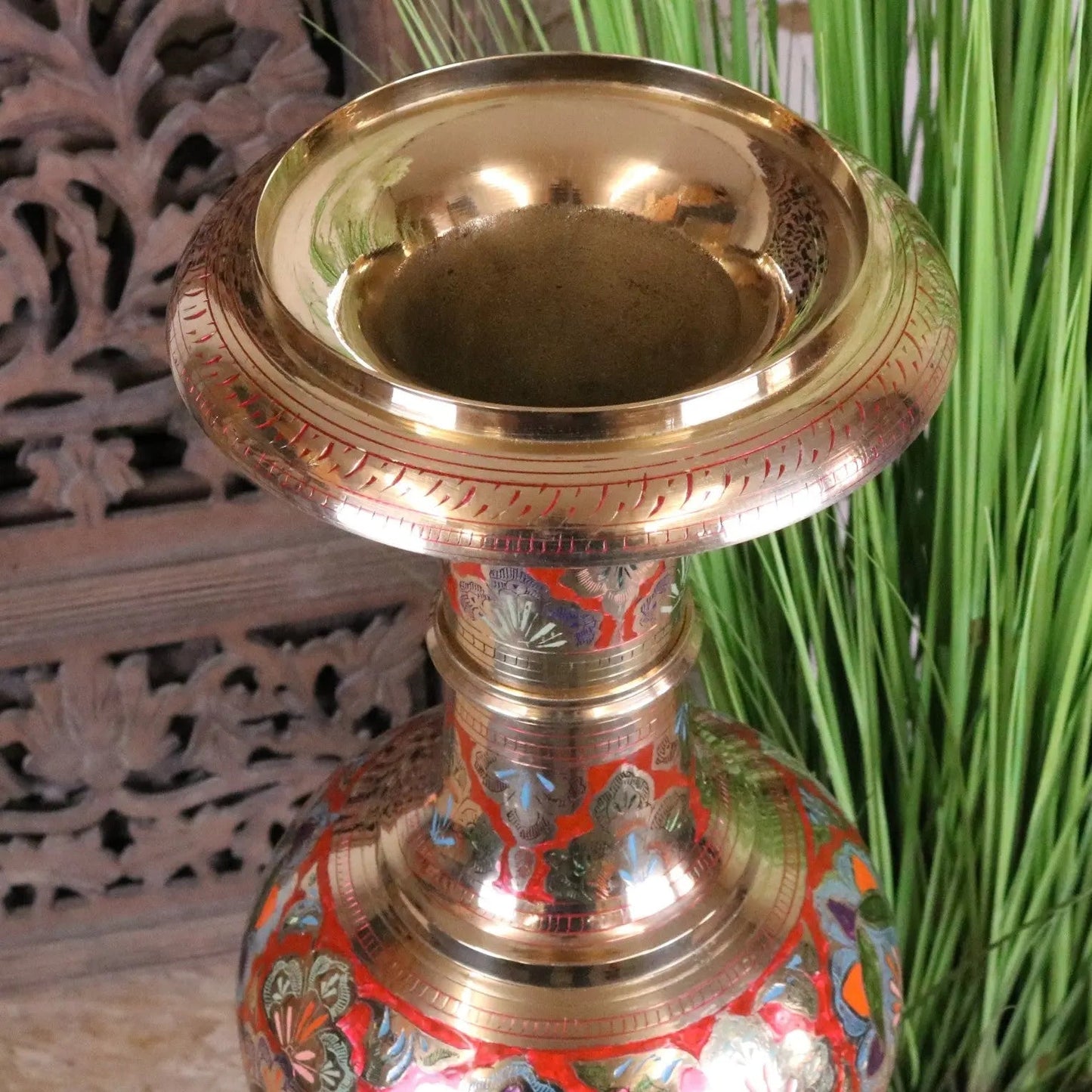 Vintage Brass Vase 92cm Large Hand Painted and Etched