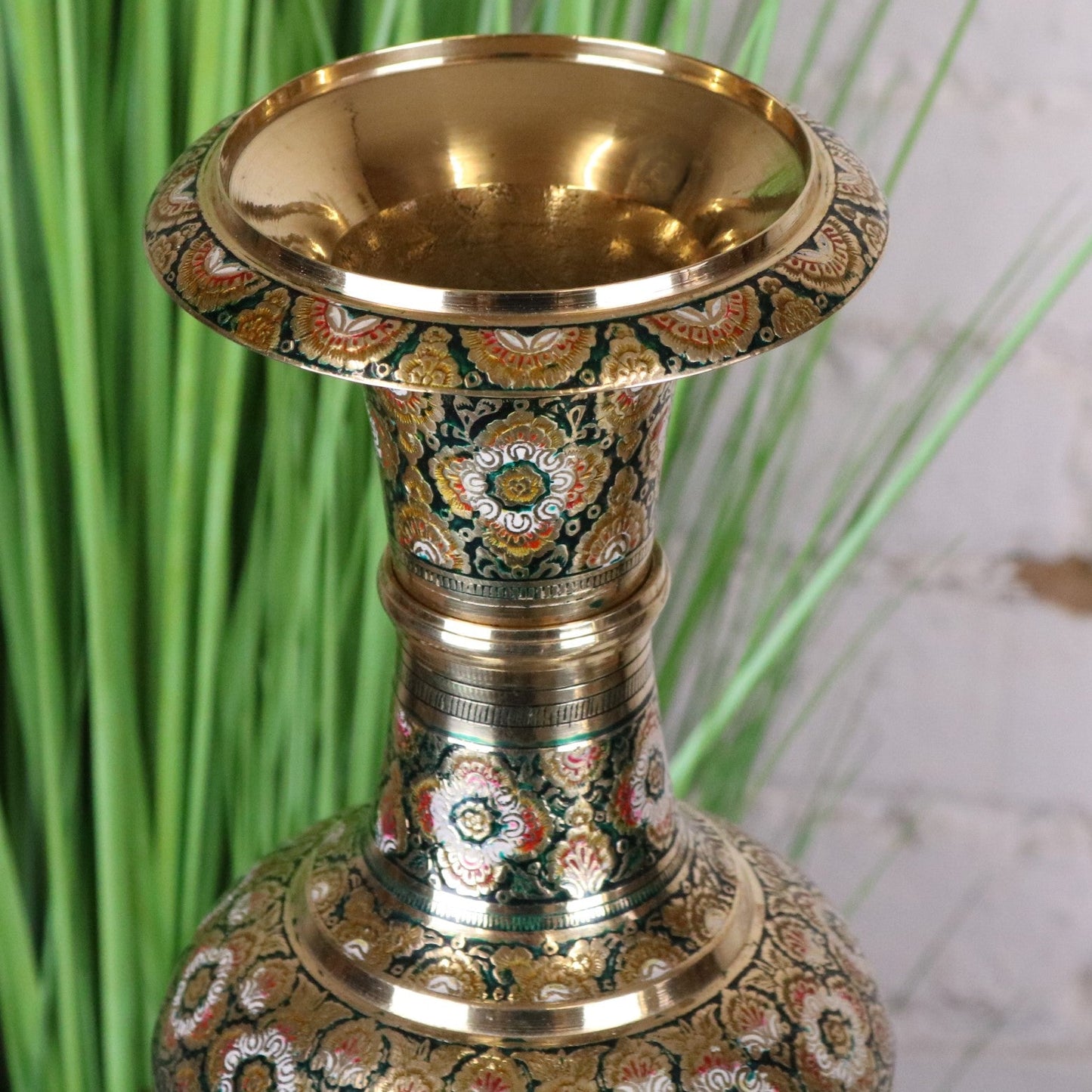 Vintage Brass Vase Pair 45cm Hand Painted and Etched