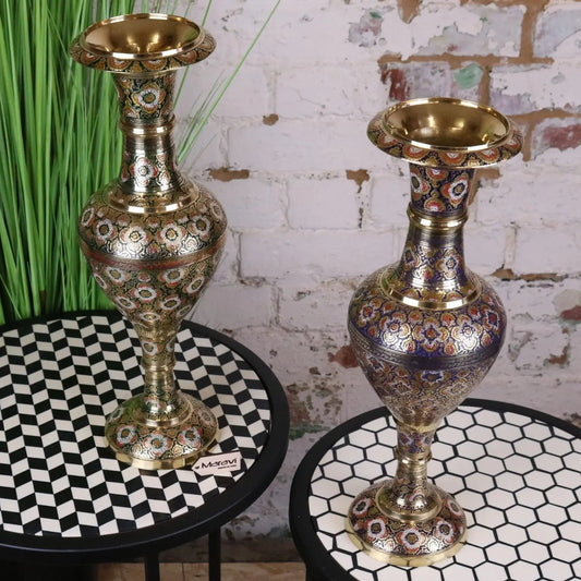 Vintage Brass Vase Pair 45cm Hand Painted and Etched