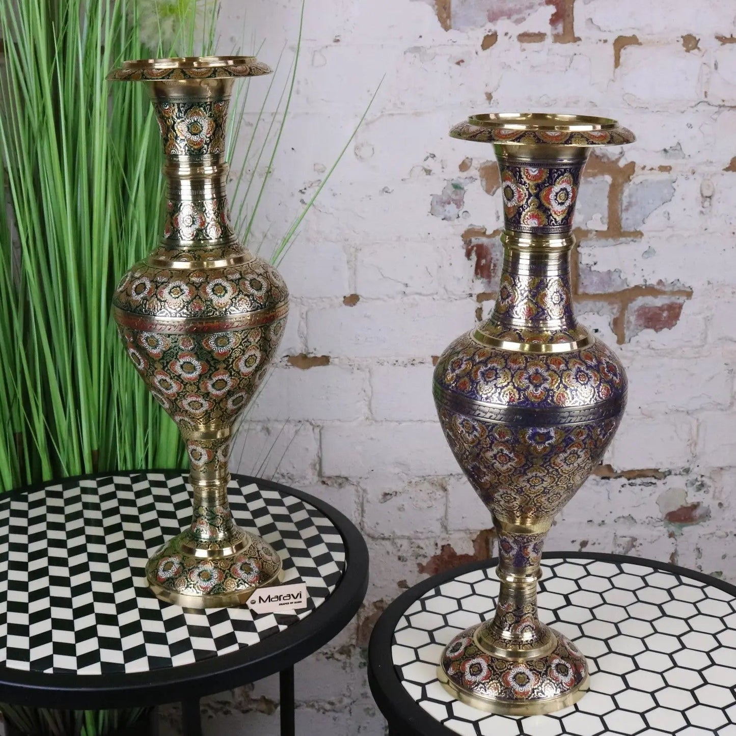 Vintage Brass Vase Pair 45cm Hand Painted and Etched
