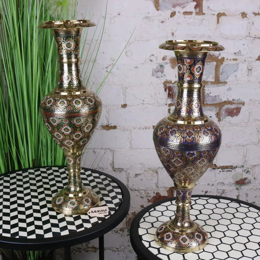 Vintage Brass Vase Pair 45cm Hand Painted and Etched