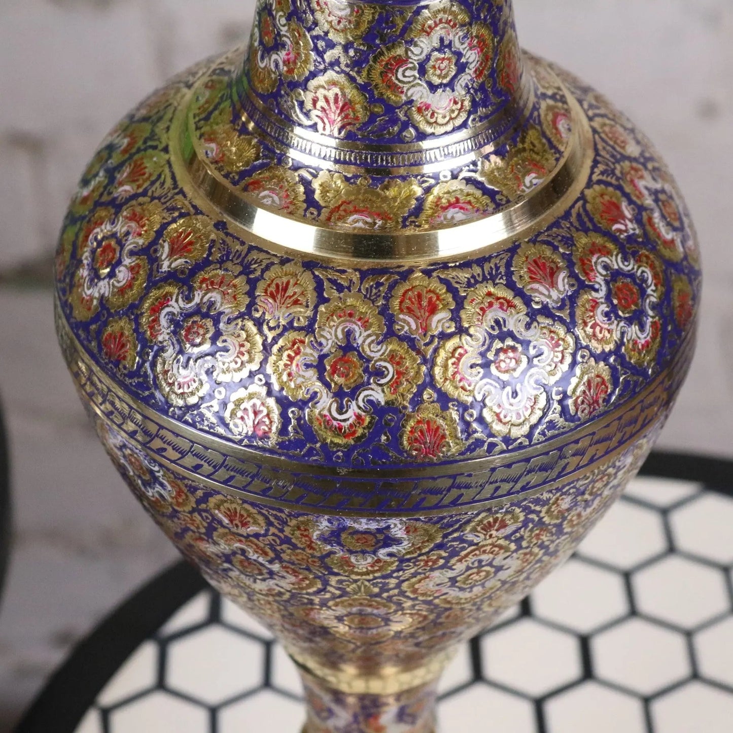 Vintage Brass Vase Pair 45cm Hand Painted and Etched