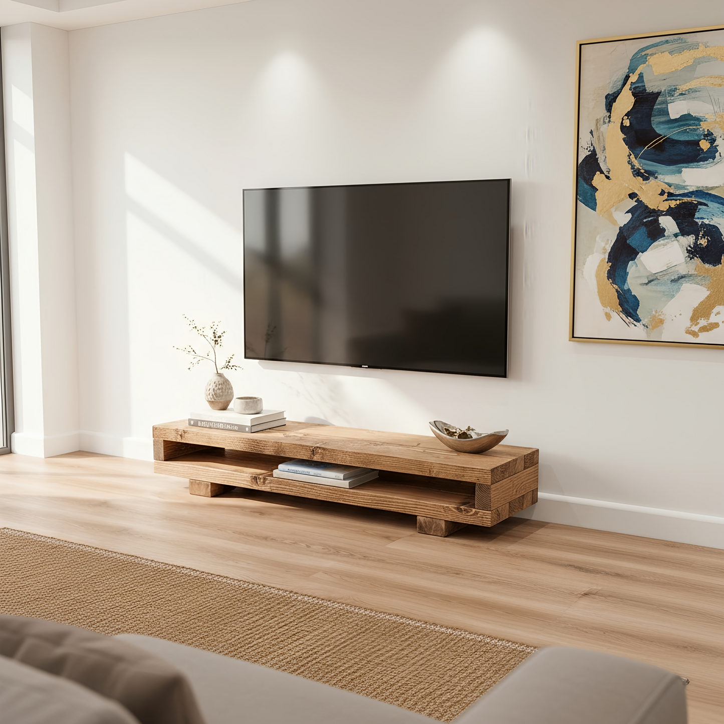 VIOT Low Solid Wood Chunky TV Unit Dark Oak Colour