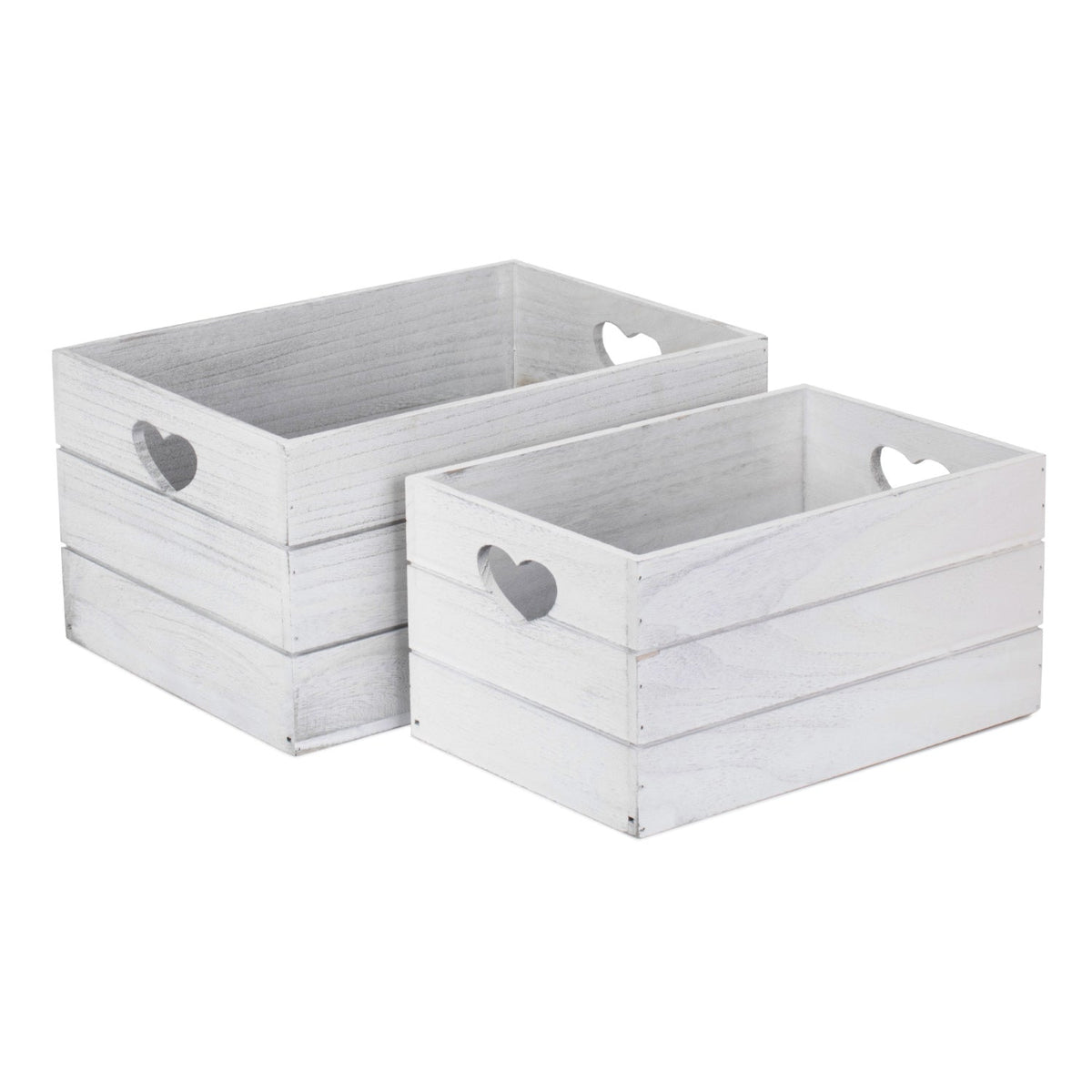 Vintage White Wash Heart Cut-Out Crate Set 2