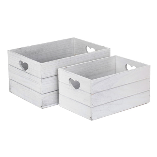 Vintage White Wash Heart Cut-Out Crate Set 2