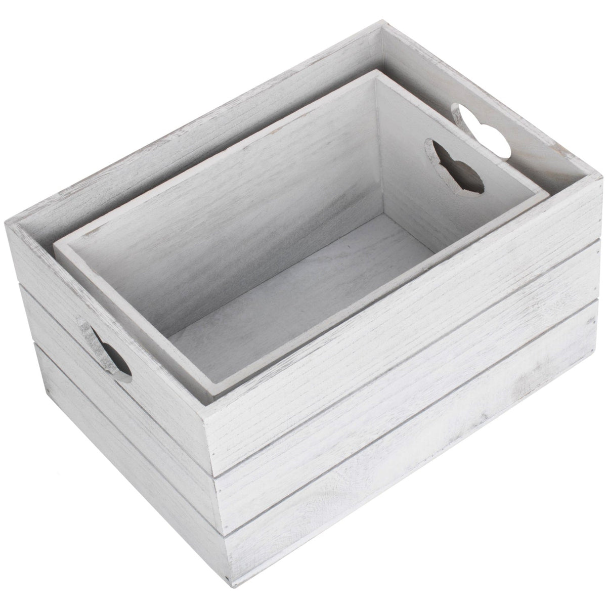Vintage White Wash Heart Cut-Out Crate Set 2