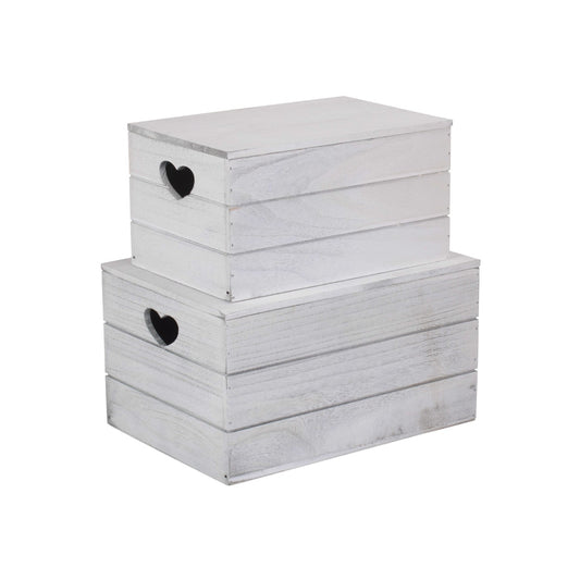 Vintage White Wash Heart Cut-Out Box with Lid Set 2