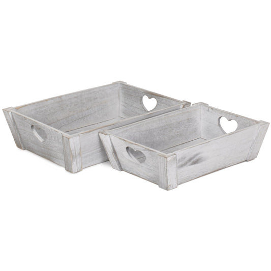 Vintage White Wash Heart Cut-Out Tray Set 2