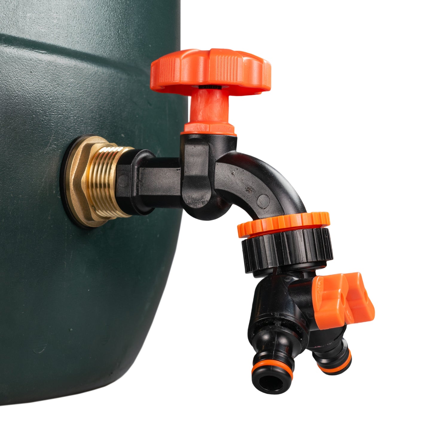 Water Butt Brass Kit 3/4" with Black Dial Tap + Two-Way Splitter and Drill Bit