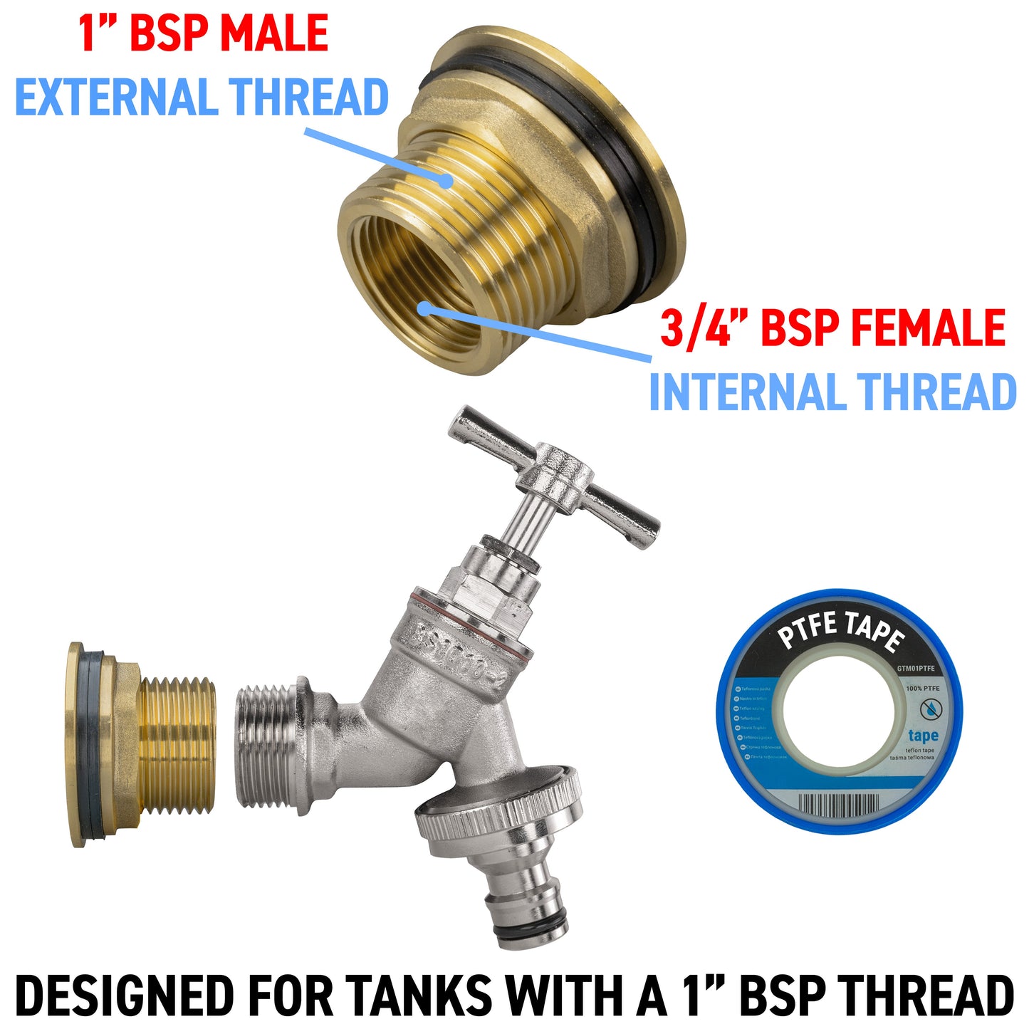 Water Butt Brass Kit 1" with Nickel Plated Quick Connect Tap