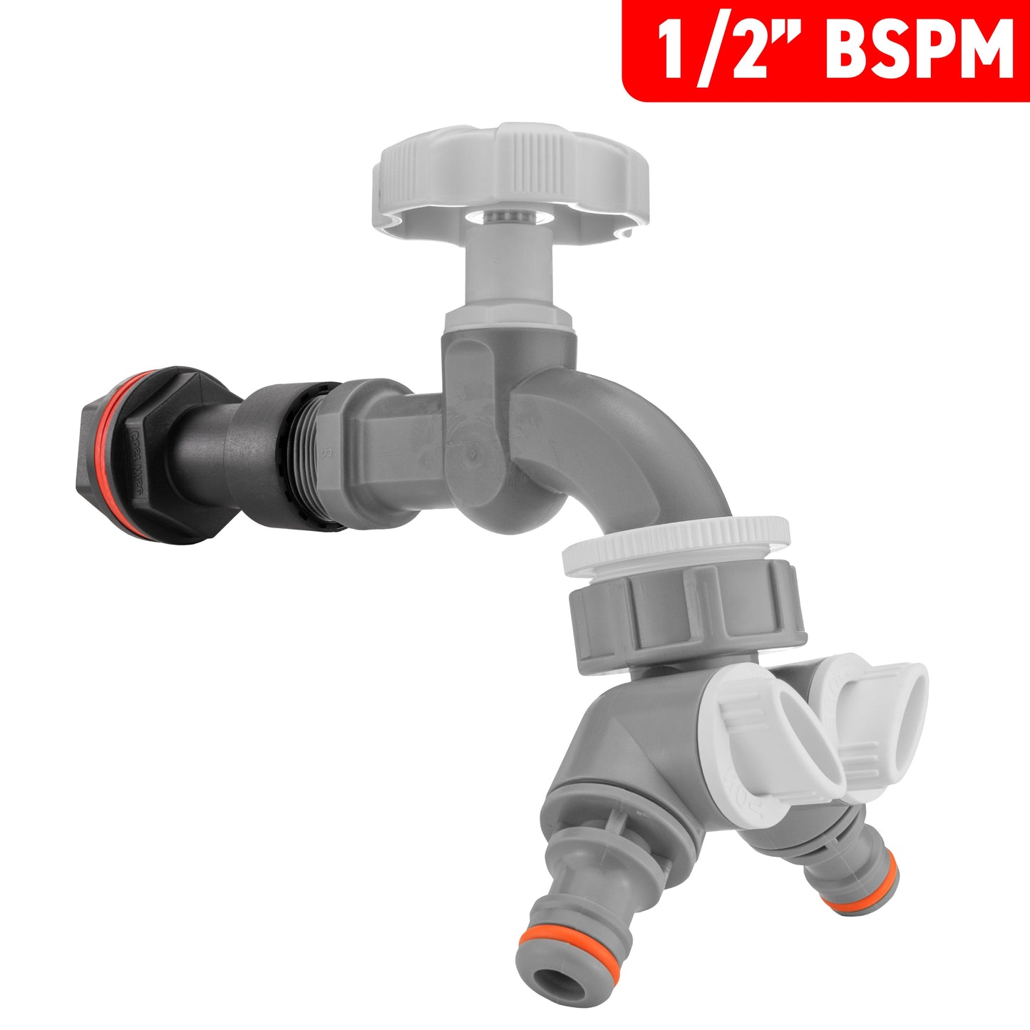 Water Butt Extension Kit 1/2" with Grey Dial Tap + Two-Way Splitter and Drill Bit
