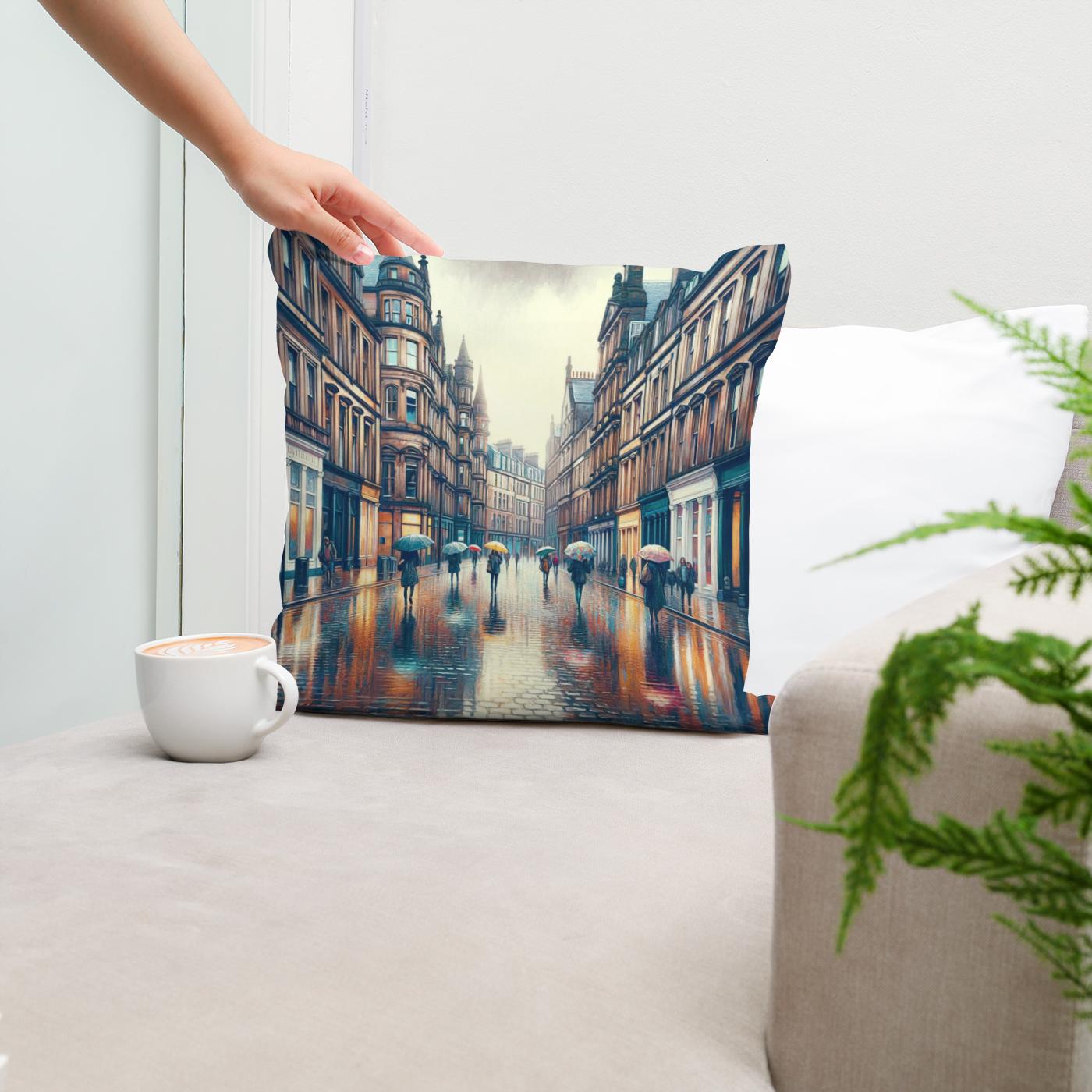 Rainy Glasgow Street Cotton Cushion